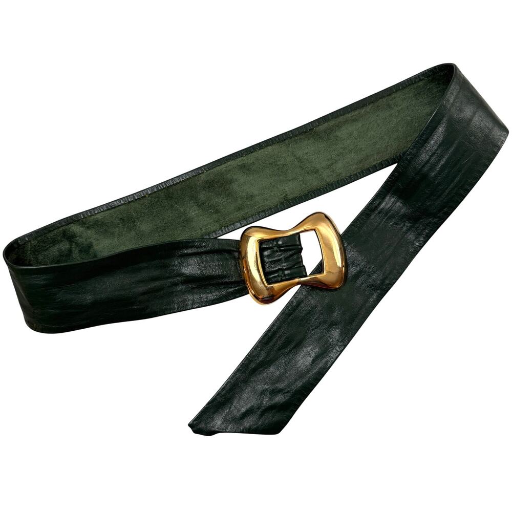 VTG Ceinture Emmanuel Canada Women Belt Green Genuine Leather Gold Brass Buckle